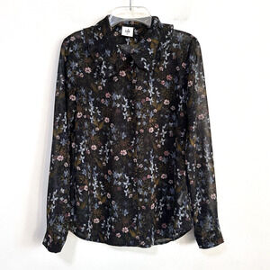 CAbi #3593 Floret Blouse Black Sheer Hillside Floral Size XS Long Sleeve Top